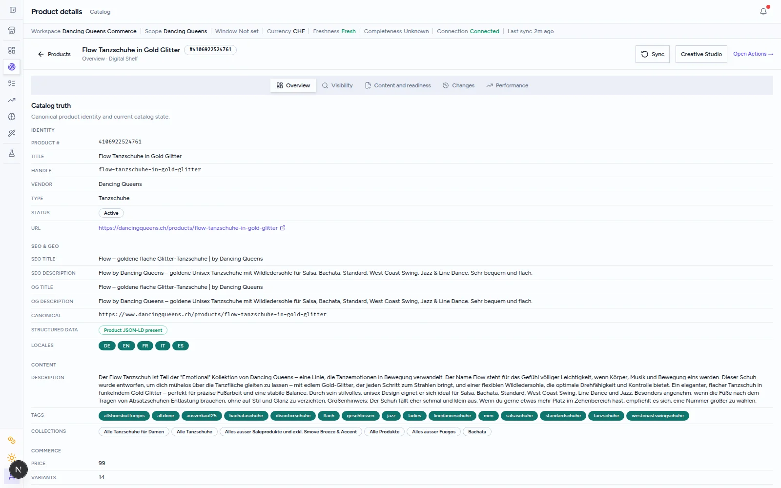 Beseam product record showing catalog, visibility, and commercial information